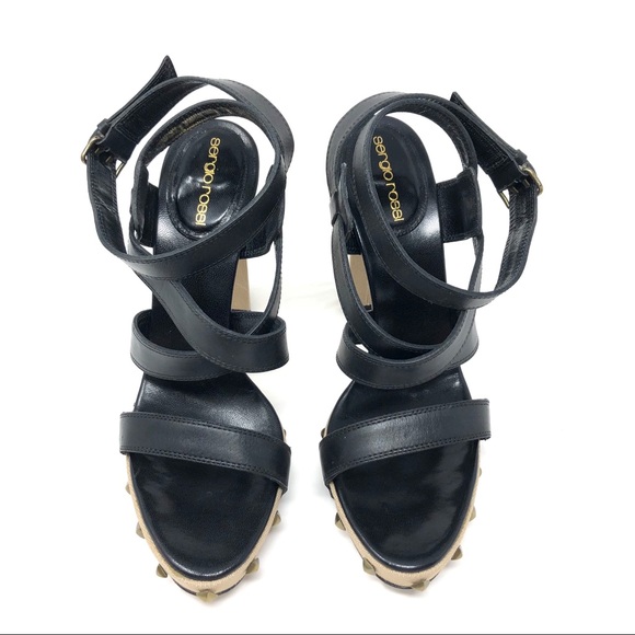 SERGIO ROSSI black leather & fabric, ankle wrap sandals, size 39, made in Italy - Picture 5 of 15